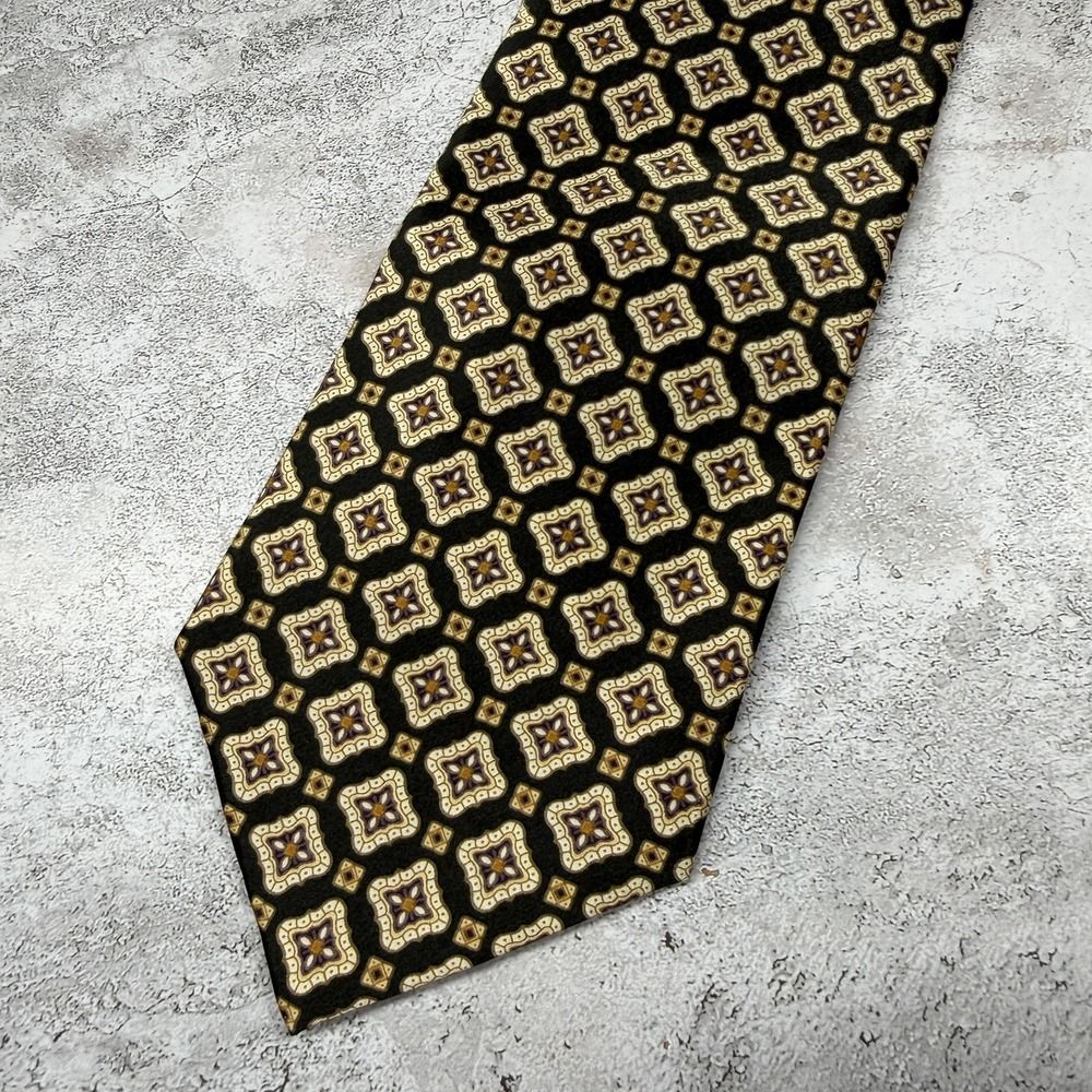 TODAY'S MAN Tie Mens OS Gold Green Geometric 100% Silk Made In Italy Necktie